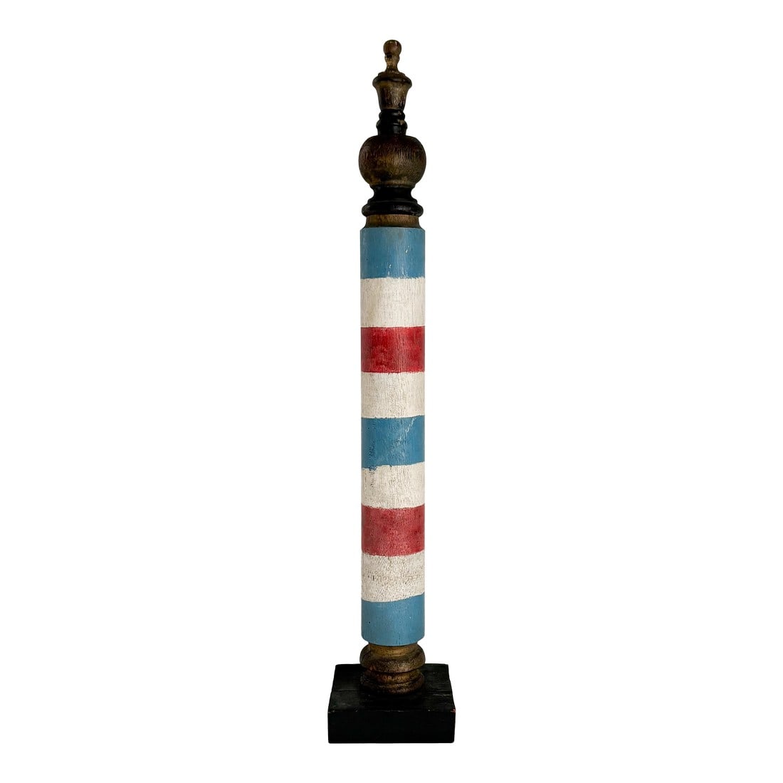 19th Century Wood Painted Barber Pole: A beautiful relic of times past, this handmade rustic Americana 19th century wood barber pole is every bit as captivating today as it would have been in the last century. Pole is connected to block ba