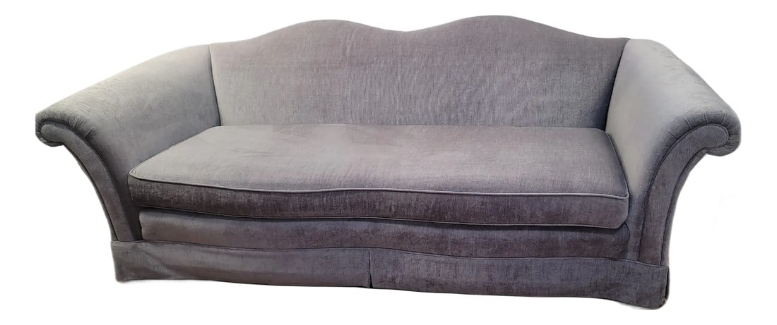 1980s Henredon Silver / Gray Velvet Sofa: This is a vintage Henredon Velvet Mustache Sofa in Silver/Gray with a lilac undertone. It features an Art Deco style with medium soft firmness. It has a wooden frame, velvet upholstery, and a seating