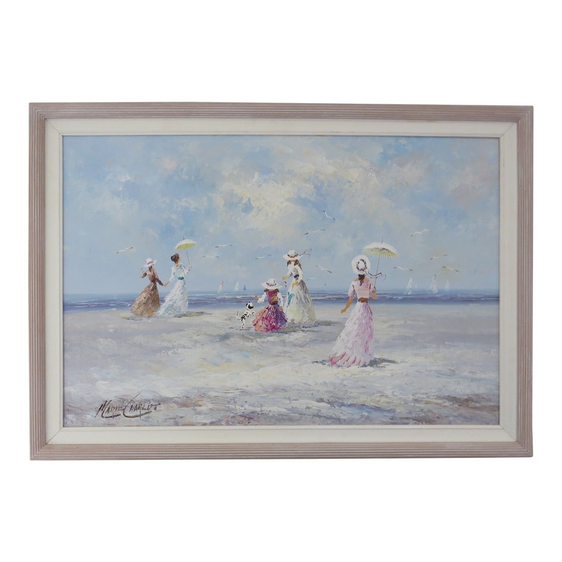 Mid 20th Century Original Oil Canvas Painting Victorian Ladies Beach Seaside Signed Marie Charlot (1 of 10)