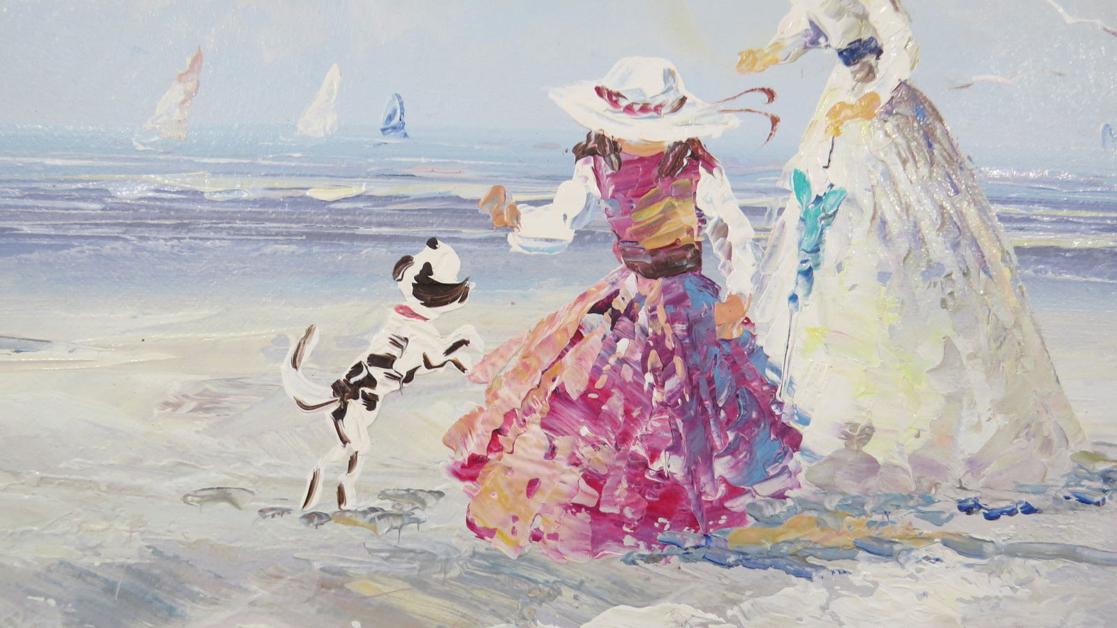 Mid 20th Century Original Oil Canvas Painting Victorian Ladies Beach Seaside Signed Marie Charlot - 2