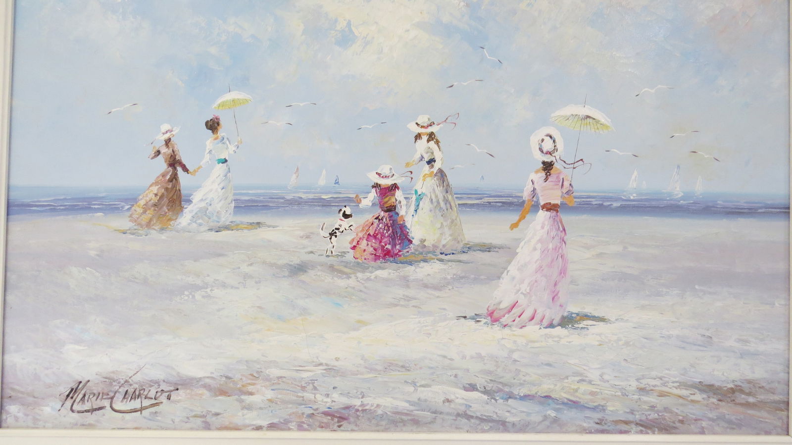 Mid 20th Century Original Oil Canvas Painting Victorian Ladies Beach Seaside Signed Marie Charlot - 6