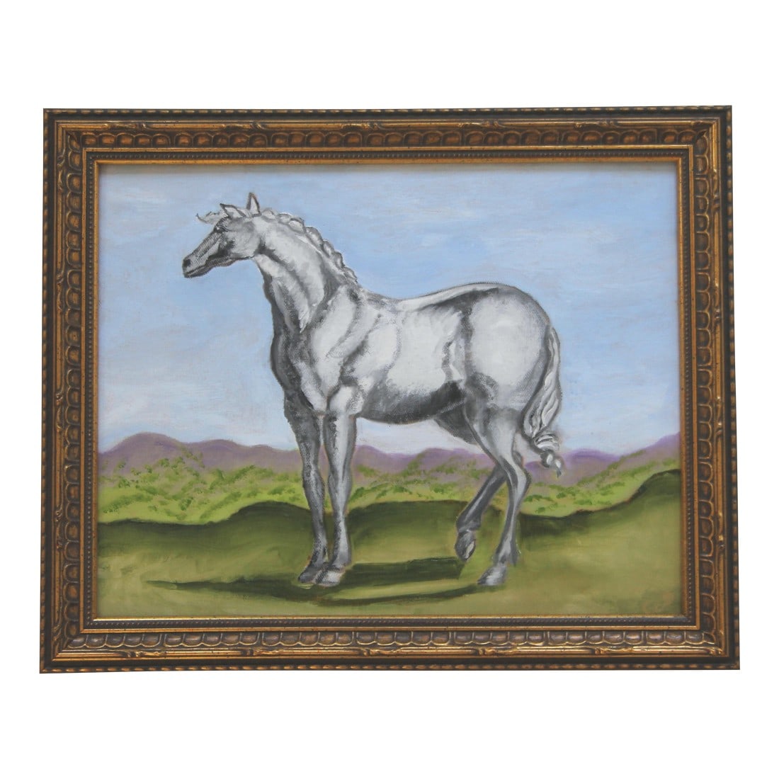White Horse With Landscape English Traditional Realism Sport Gray, Green, Blue Original Oil Painging (1 of 3)