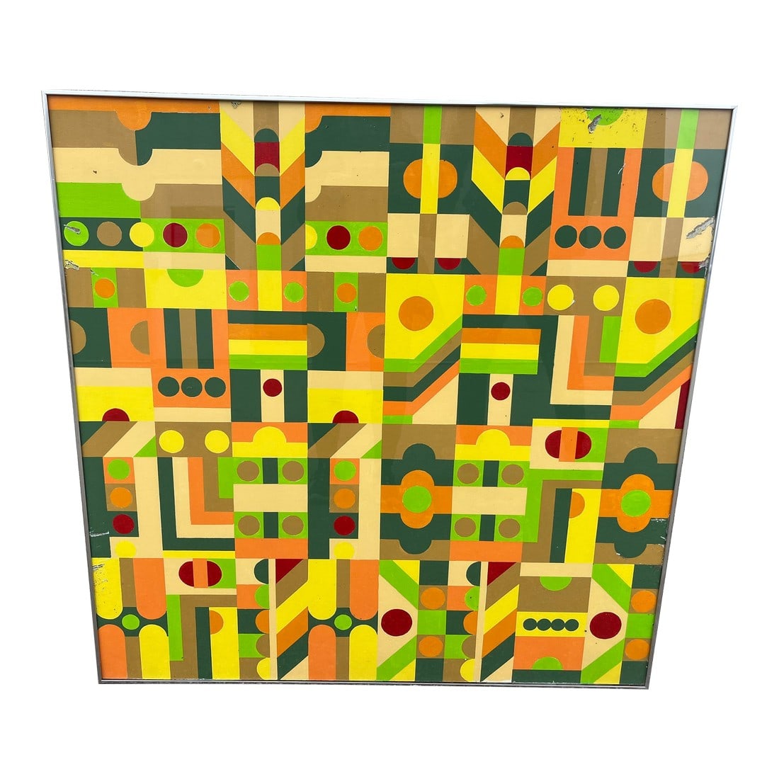 Vintage Mid Century Modern Large Abstract Geometric Bauhaus Mosaic Oil Painting: Vintage Mid Century Modern Large Abstract Geometric Bauhaus Mosaic Oil Painting Wonderful Vintage Find Super Cool Vintage Painting Very Large - 40" x 40" Bold Colors And Geometric Design Good Vintage