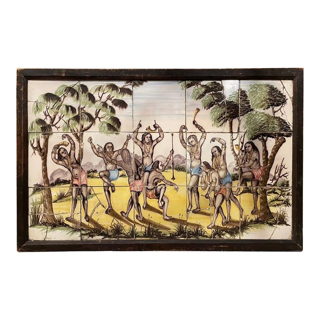 18th/19th Century Portuguese Tile Painting of Native Americans: Unusual and rare large scale glazed ceramic hand painted tiles depicting Native Americans (?) in a ceremonial dance. Likely natives of Brazil, when it was a colony of Portugal. The fifteen framed larg