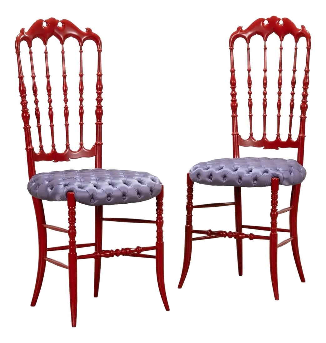 1960s Pair of High Back Red Lacquer Chiavari Chairs: Mid-century modern twin pair of red lacquer Italian Regency chiavari chairs featuring high backs. High gloss finish in vibrant tomato red and tufted violet satin upholstered seats. . Amazing profile a