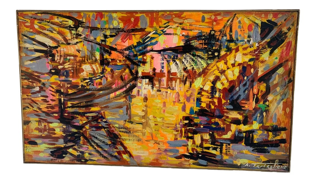 A. Tartaglione Painting Signed Acrylic on Canvas Painting: A. Tartaglione "CESENATICO 1958" Painting Signed , Acrylic on Canvas . 28 x 14 Italy 1961 Today Cesenatico is a tourist resort. It is home to the Marine Museum (Museo della Marineria), where historic