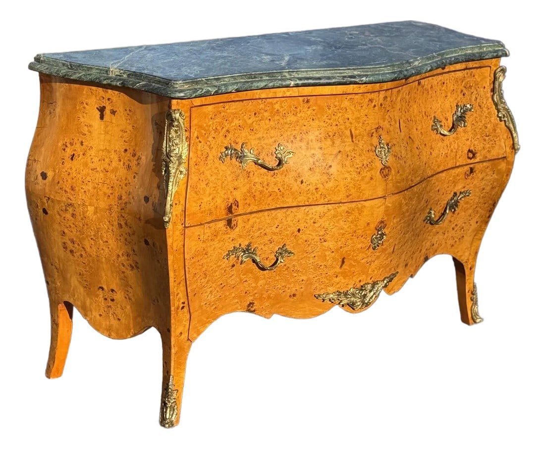 19th Century Antique Italian Burlwood & Marble Bombe Commode: Late 19th century antique Italian bombe shaped Rococo ormolu & marble topped commodes. Ornately styled after Francois Linke with a rare serpentine front, variegated green marble top in a bombe shape.