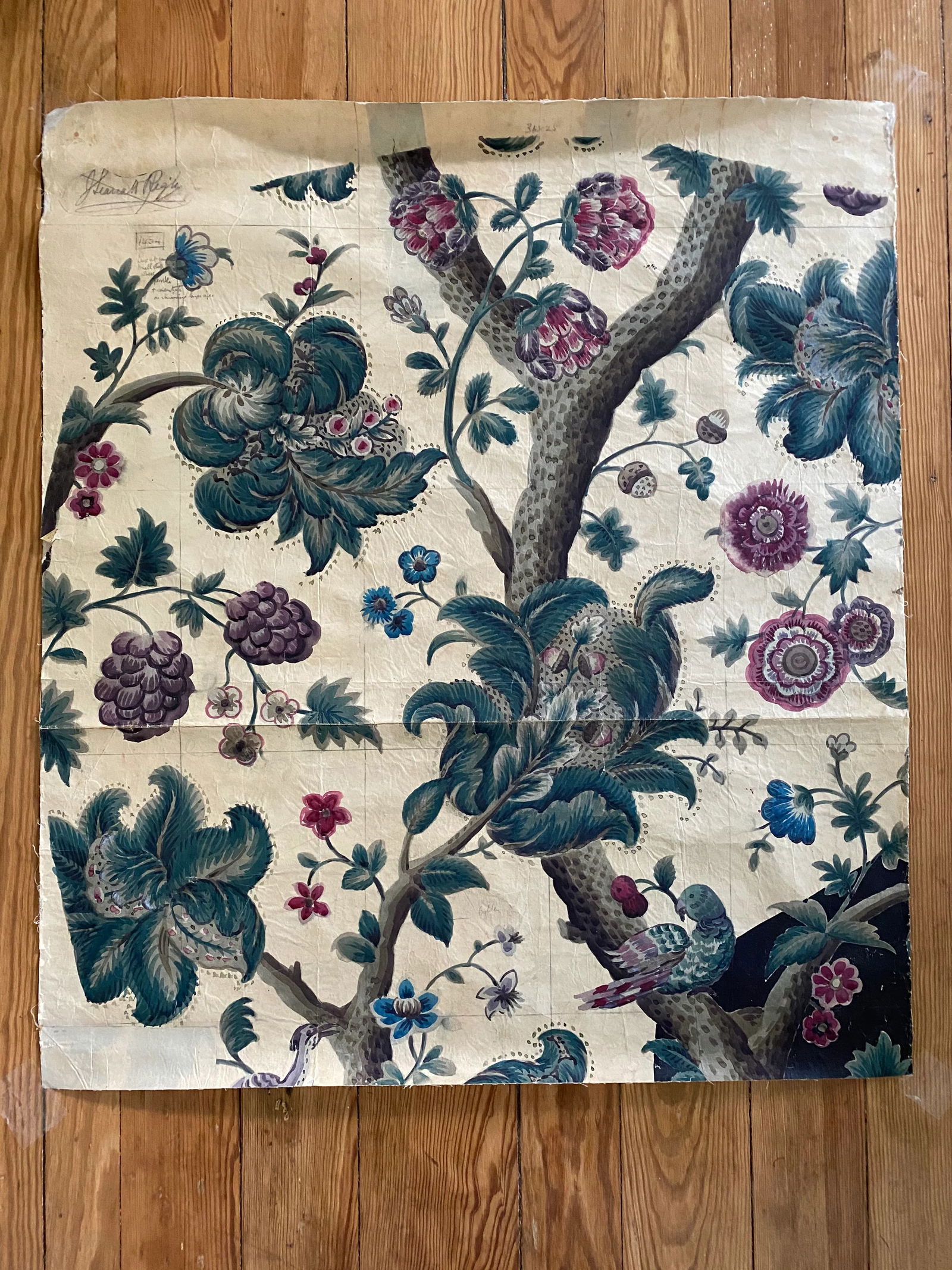 Antique Jacobean Flowers & Birds Wallpaper Artists' Rendering - 13