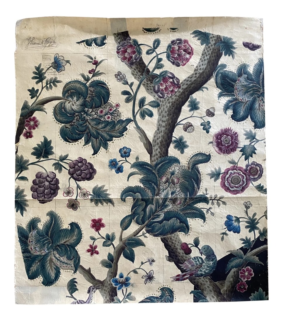 Antique Jacobean Flowers & Birds Wallpaper Artists' Rendering: Unbelievably rare 19th (possibly 18th) century artist rendering of Jacobean flowers and birds. The colors and design of this piece make it truly special. Condition: Alterations: Original Condition Una