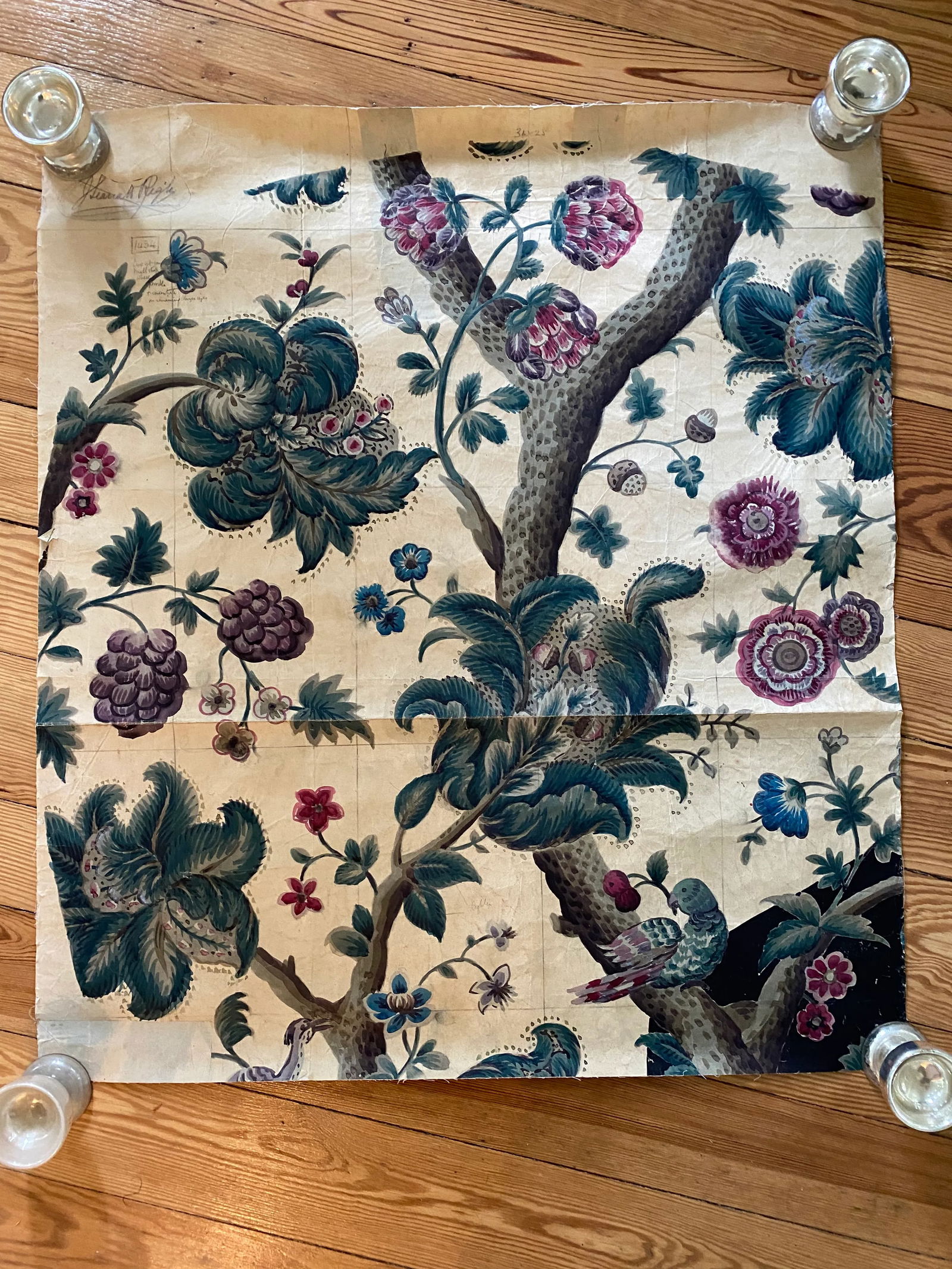 Antique Jacobean Flowers & Birds Wallpaper Artists' Rendering - 2