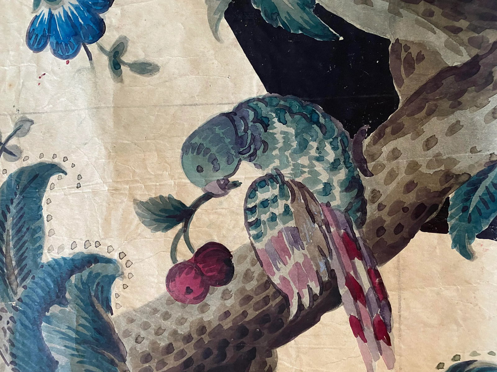 Antique Jacobean Flowers & Birds Wallpaper Artists' Rendering - 7