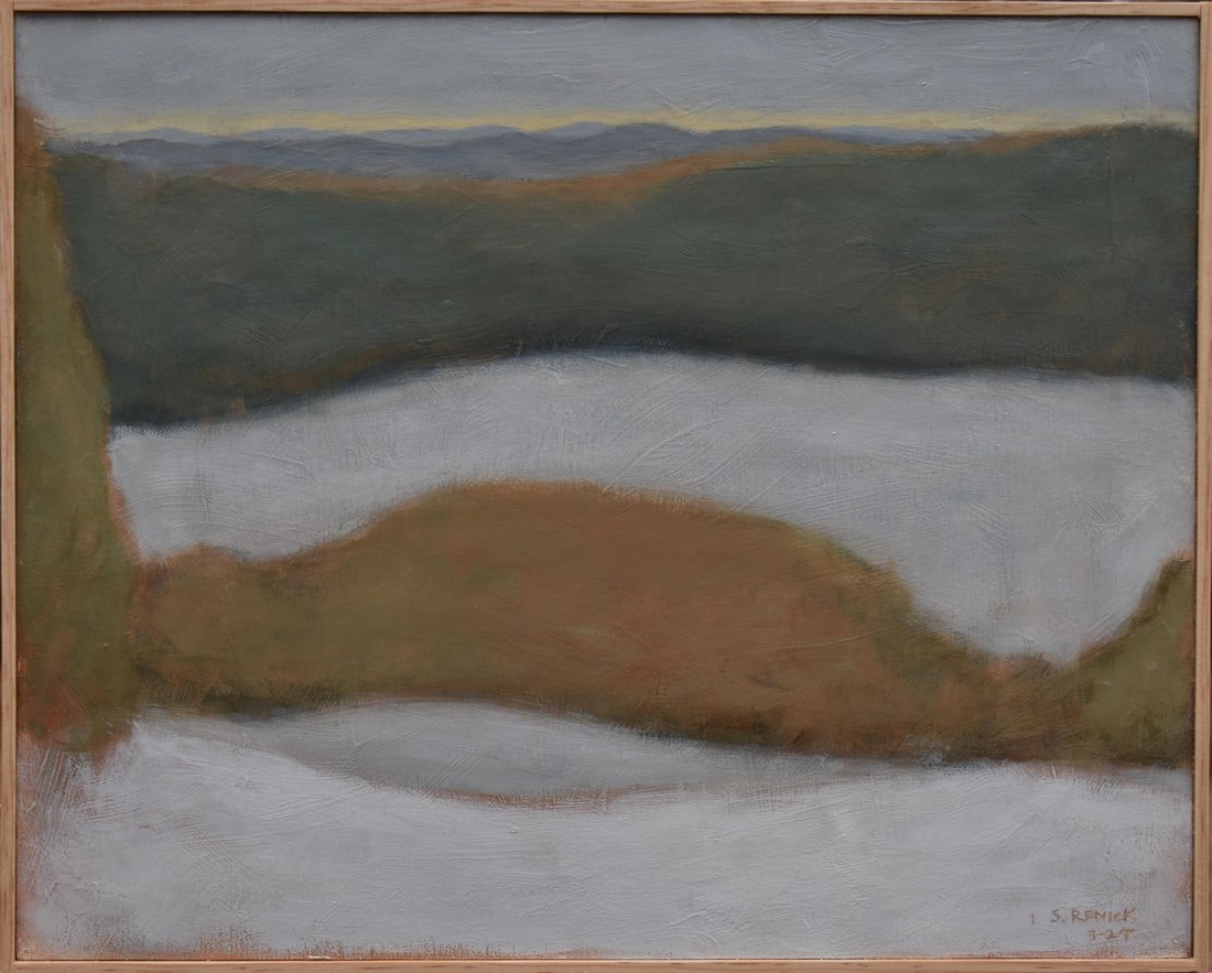 Vermont Memory, Contemporary Acrylic Painting by Stephen Remick: A remembered or accumulated view from the past where I grew up. A quiet, overcast winter day from childhood. Shapes moving in and around each other creating the space I remembered. This is professiona