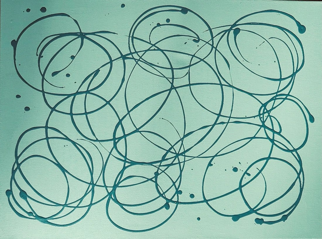 Erin Simon Original "Imperfections"? in Greens Canvas Painting: This light green "Imperfections" painting has an accent of dark green. The dark green details have a 3 dimensional element. The painting portrays movement and energy. It can be showcased vertically or