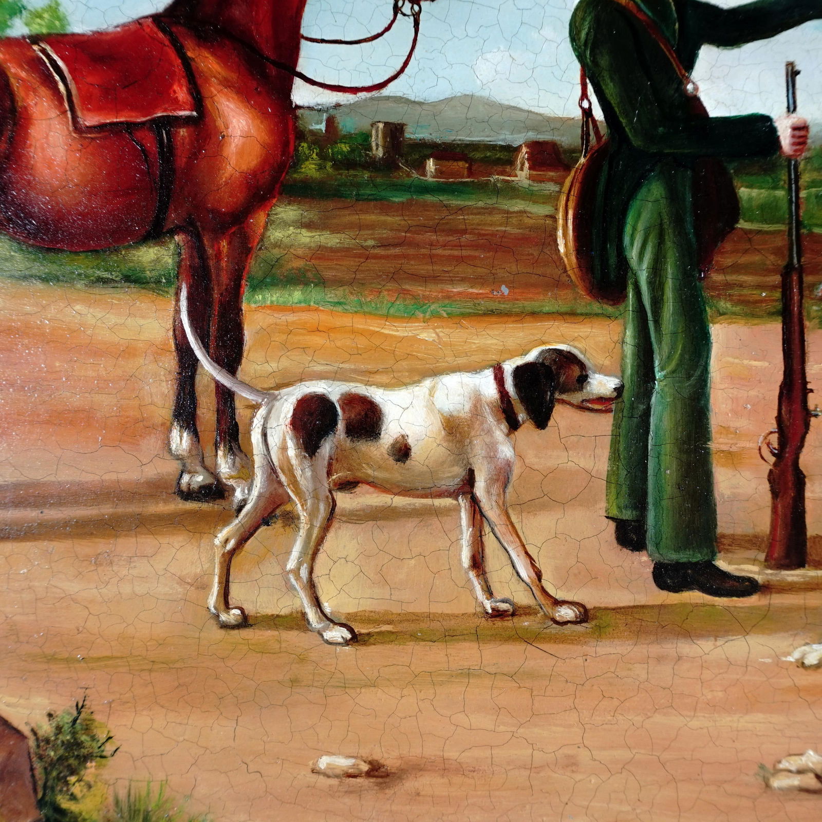 Vintage Oil Painting Portrait of a Hunting Scene With Horses & Hounds - 8