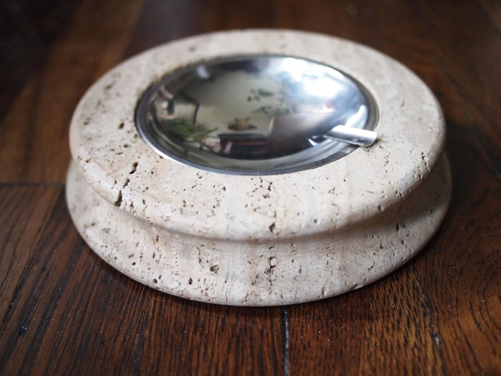 Vintage Round Travertine Ashtray With Metal Insert - 10