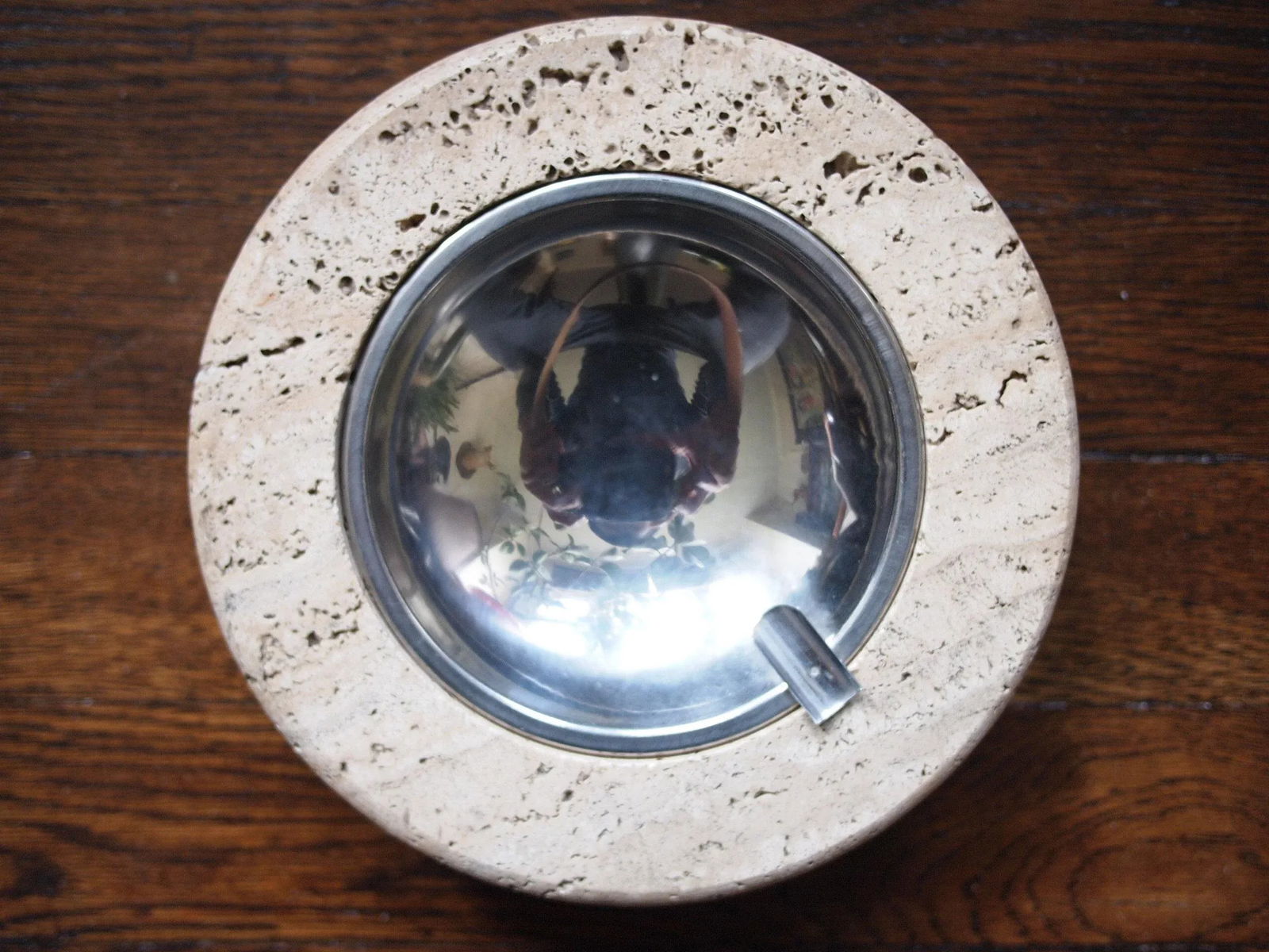 Vintage Round Travertine Ashtray With Metal Insert - 2