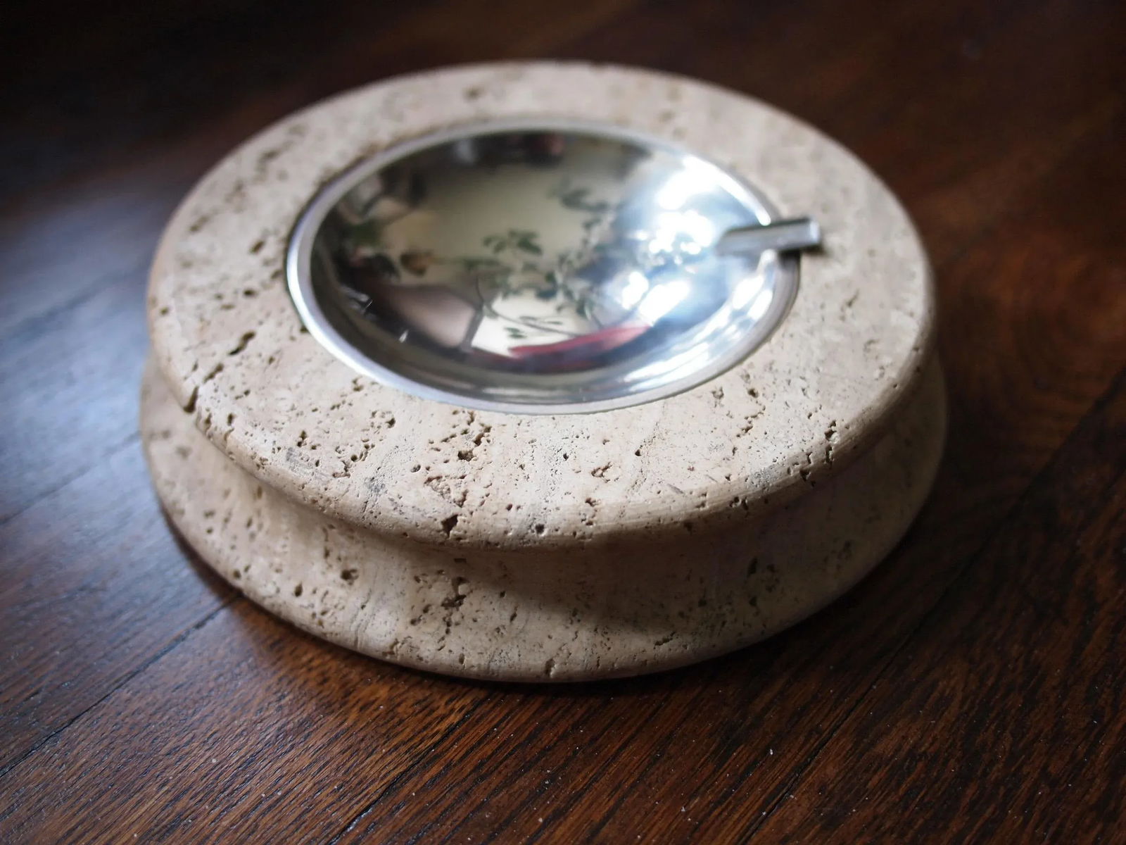 Vintage Round Travertine Ashtray With Metal Insert - 3