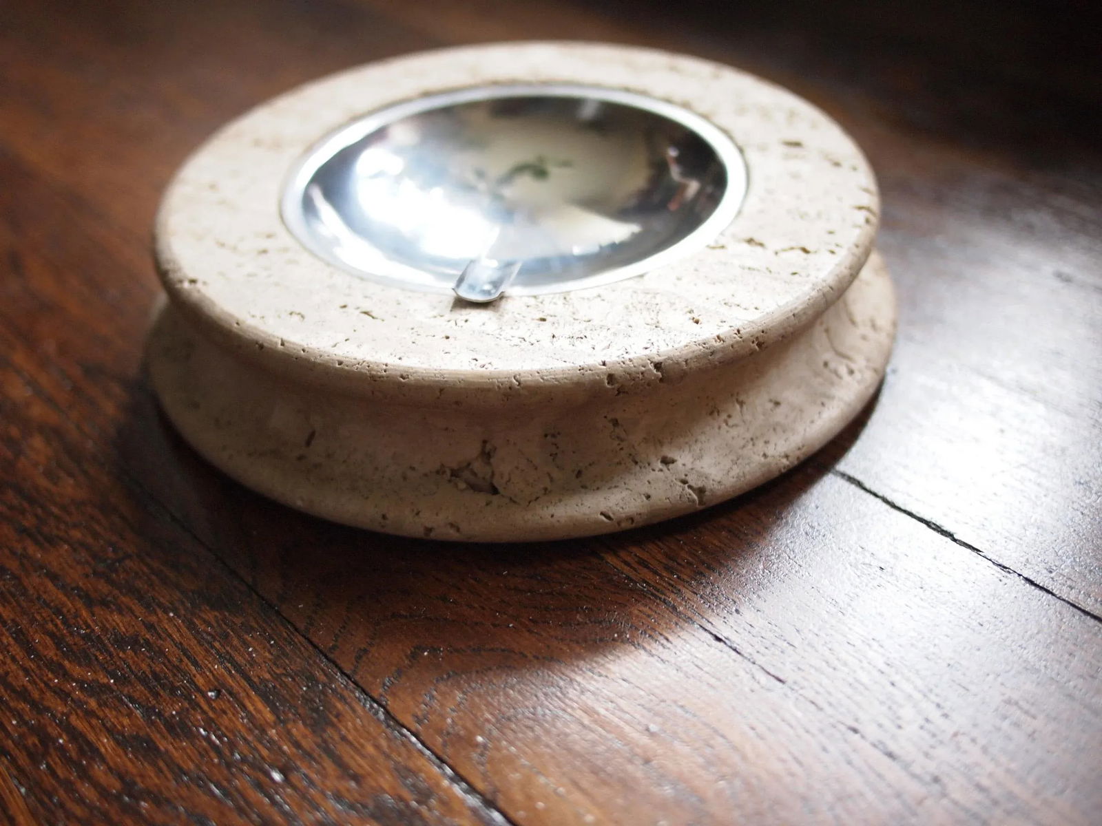 Vintage Round Travertine Ashtray With Metal Insert - 4