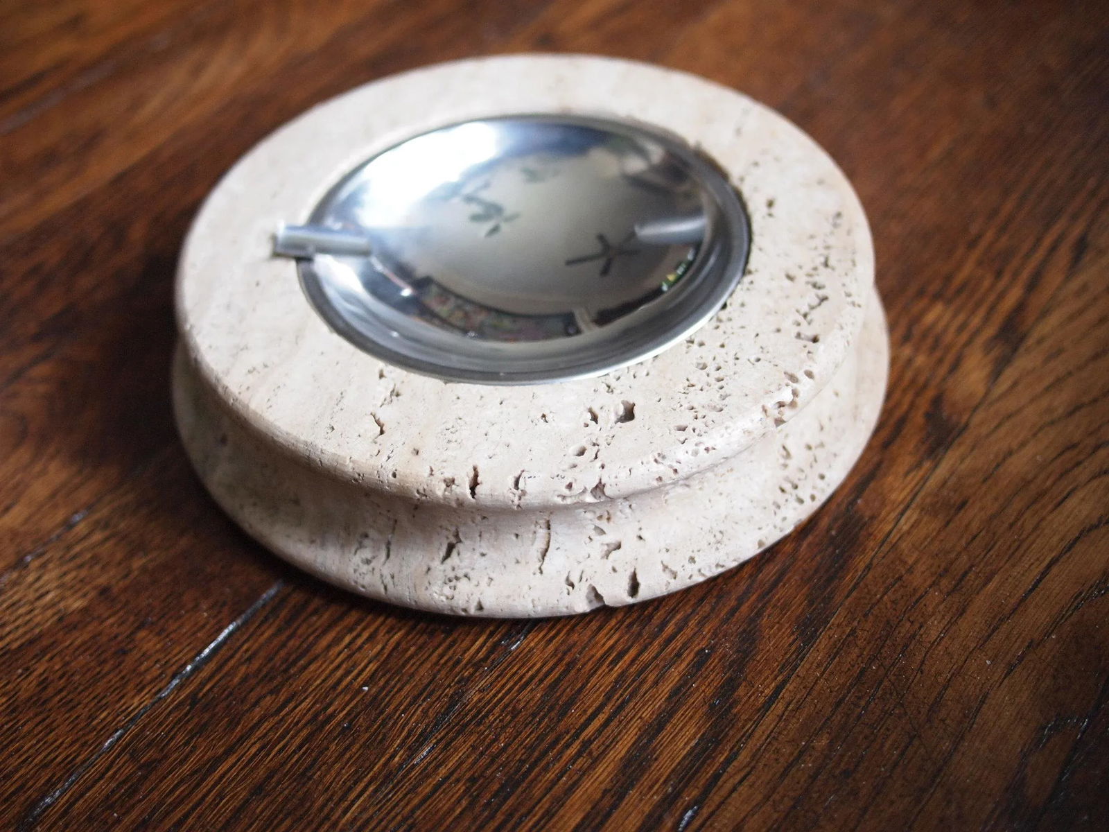 Vintage Round Travertine Ashtray With Metal Insert - 5