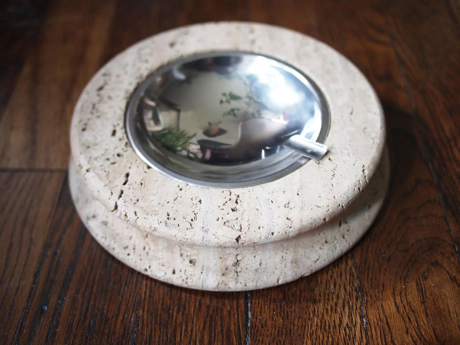 Vintage Round Travertine Ashtray With Metal Insert - 9