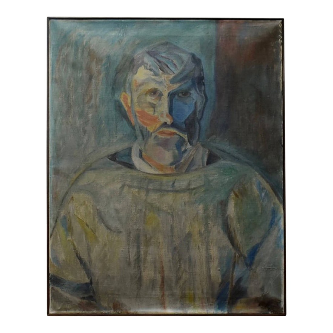 Mid 20th Century European Self Portrait of an Artist: European Oil Painting of an Artist. Mid-20th Century. Impressionist piece in dark hues and blues. Unsigned and untitled. Oil on canvas. Europe, circa mid-20th century. Condition: Alterations: Original