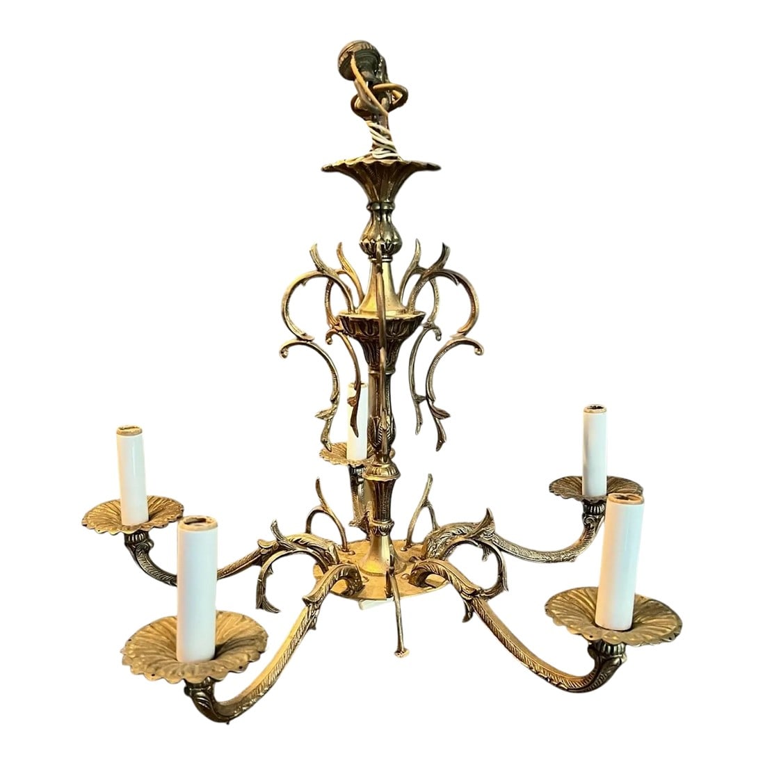 Early 20th Century French Art Nouveau Antique Brass Ornate 5 Arm Scrollwork Chandelier, Not Tested: French Art Nouveau antique brass chandelier. Featuring scrollwork & organic curves, this 5-arm chandelier captures the craftsmanship of the early 20th century. The aged brass patina enhances its vinta