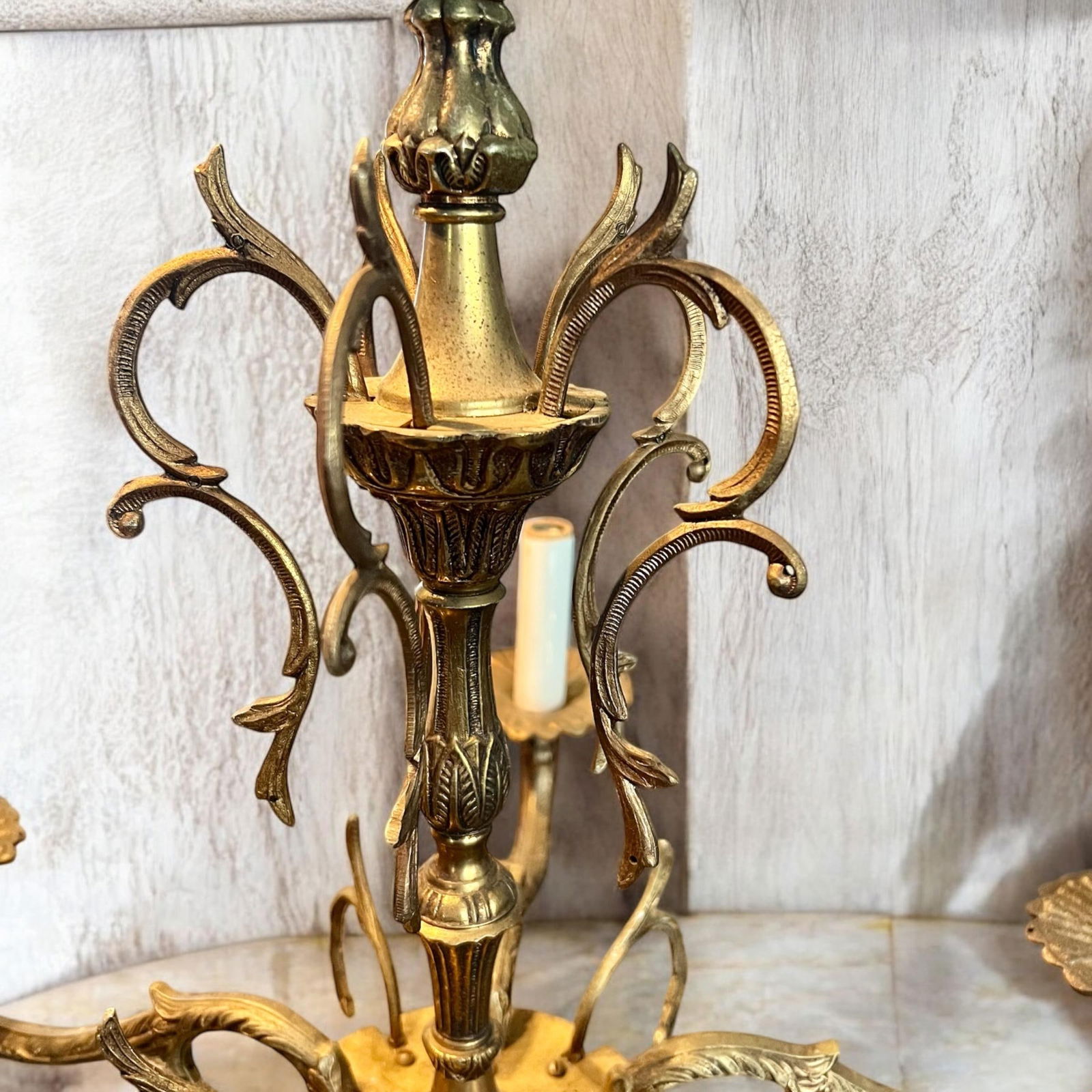 Early 20th Century French Art Nouveau Antique Brass Ornate 5 Arm Scrollwork Chandelier, Not Tested - 3