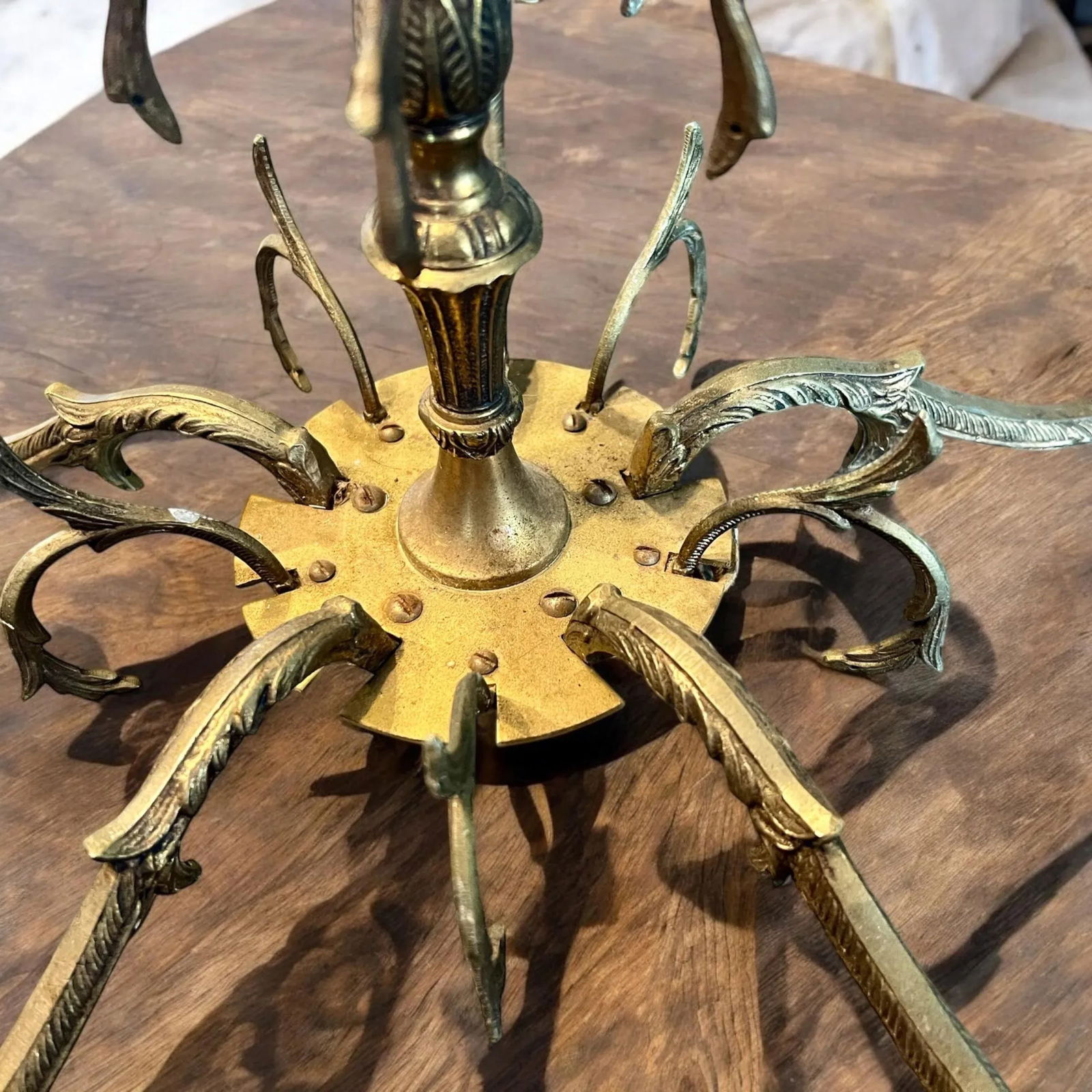 Early 20th Century French Art Nouveau Antique Brass Ornate 5 Arm Scrollwork Chandelier, Not Tested - 5