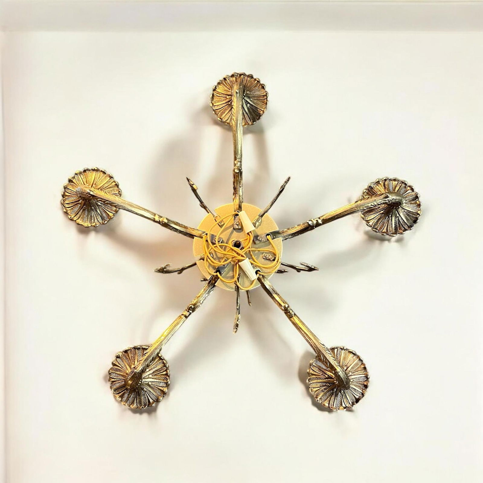 Early 20th Century French Art Nouveau Antique Brass Ornate 5 Arm Scrollwork Chandelier, Not Tested - 7