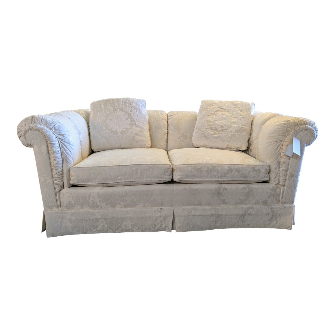 Late 20th Century Baker Furniture Traditional White Loveseat: Vintage Baker Furniture traditional love seat crafted in a hard wood frame with a stupendous classic white upholstery. Due to the nature of white fabric some mild stains are visible. Condition: Altera