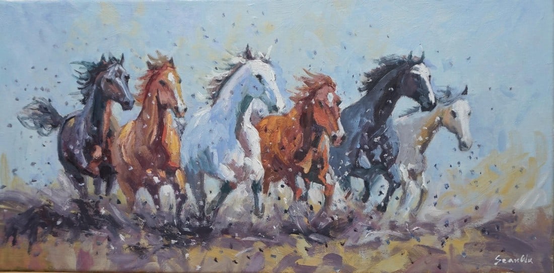 Sean Wu Original Oil Painting of Wild Horses: Original oil painting by Sean Wu, A herd of wild horses galloping on the mud Condition: Imperfections: No Imperfections Dimensions: Height: 12 in. Width: 24 in. Depth: 0.6 in. Category: Paintings Orig