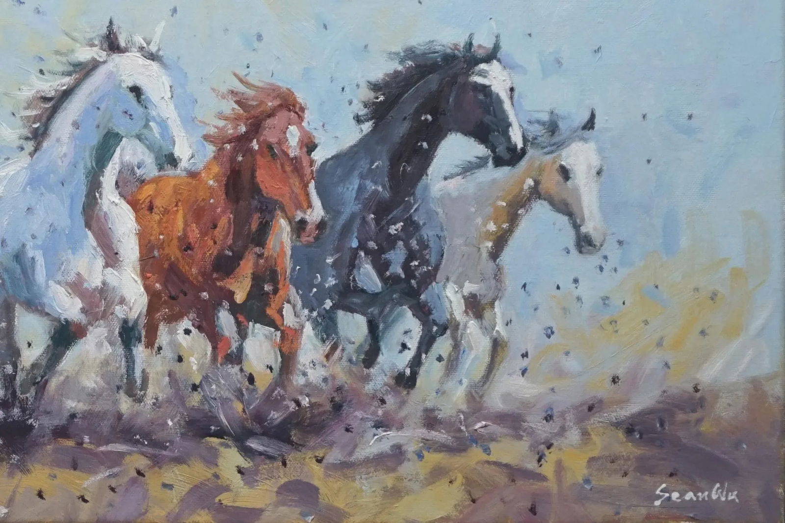 Sean Wu Original Oil Painting of Wild Horses - 2