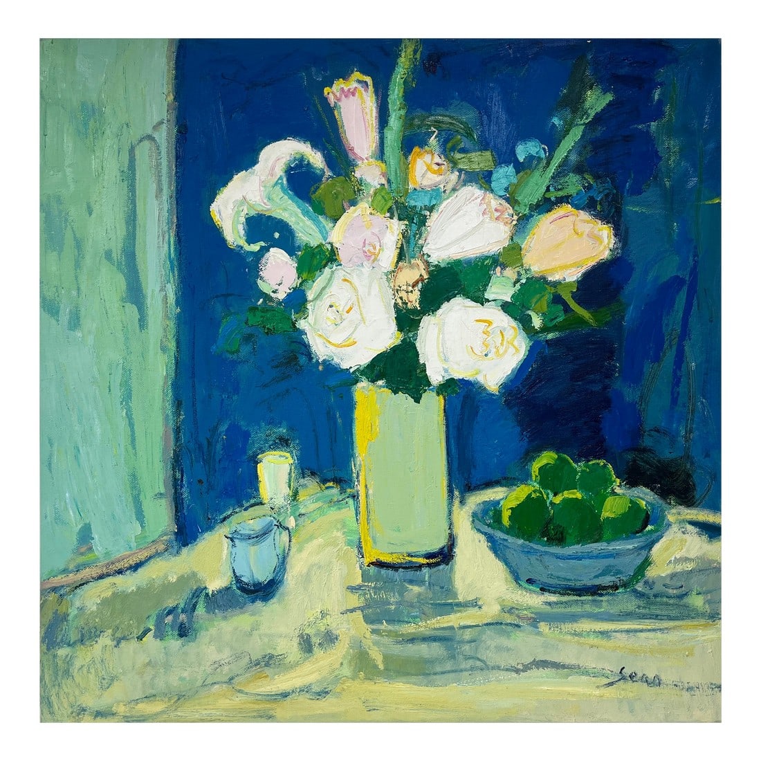 Contemporary Impressionist Floral Oil Painting on Canvas, 48" X 48": This large-scale original oil painting offers a fresh take on the traditional still life. Bold yet elegant, it features a luminous bouquet of white and blush flowers in a tall vase, flanked by a soft