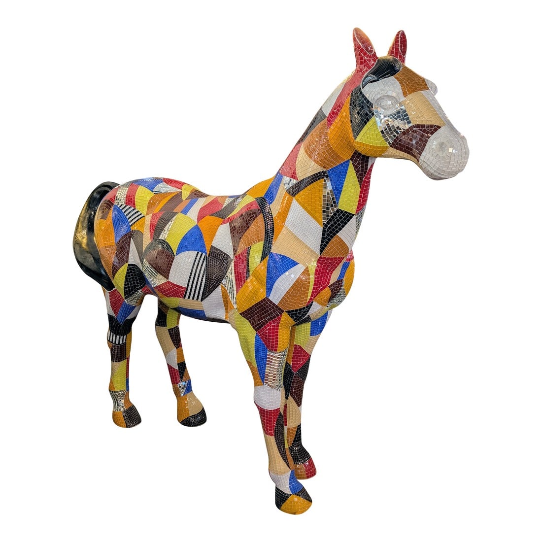 Life-Size Mosaic Tiled Multi-Colored Horse: This life-size mosaic horse is a vibrant, multi-colored masterpiece, meticulously composed of over 30,000 individual glass tiles. The exceptional craftsmanship and intricate detail make it a truly bre