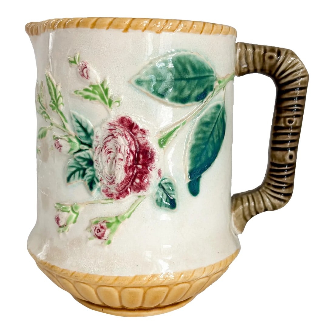 Antique English Rose Majolica Pitcher: This beautiful antique English Majolica pitcher featuring a tea rose is nothing short of lovely. Placing this on any table scape will instantly provide a warmth and cozy cottage feeling to whatever sp