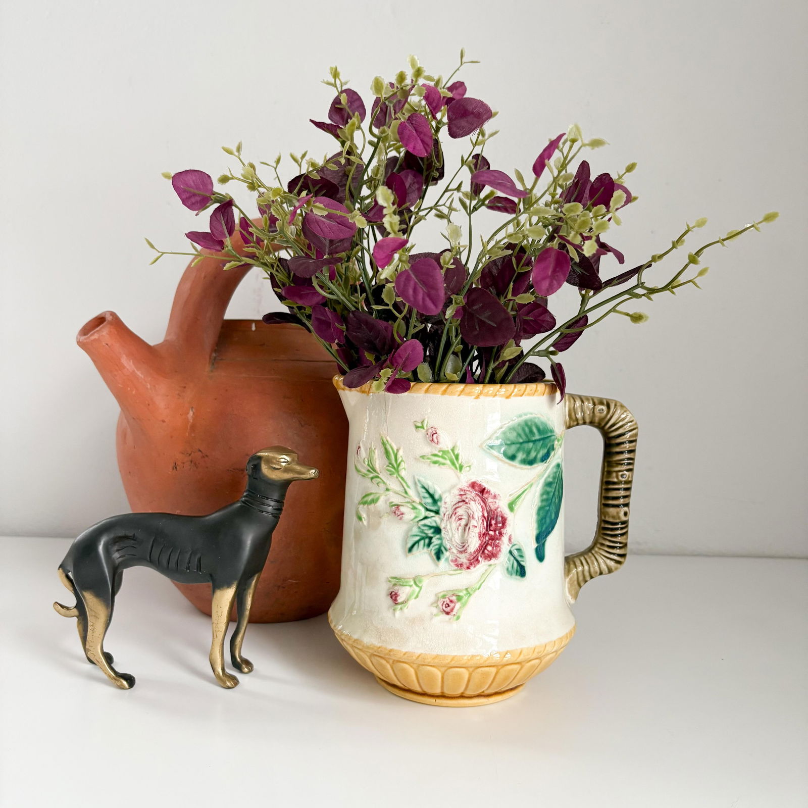 Antique English Rose Majolica Pitcher - 2