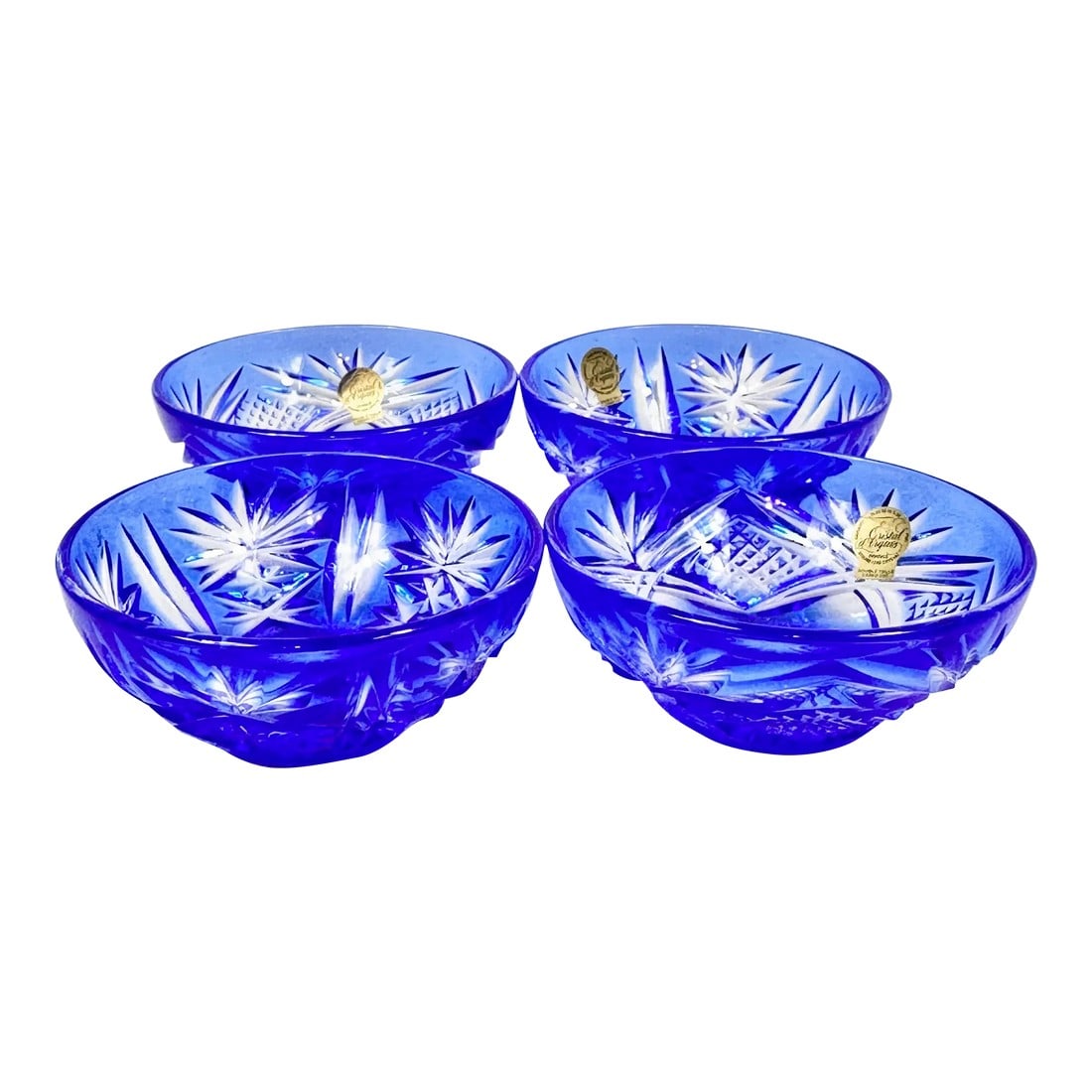 Vintage Blue Cut to Clear Lead Crystal Salt Cellars-Set of 4: Stunning vintage lead crystal salt cellars. Never used. Set of four. Made in France by Cristal D'Arques. Cut to clear with a vibrant blue coloring. Intricate details. Perfect to use when entertaining.