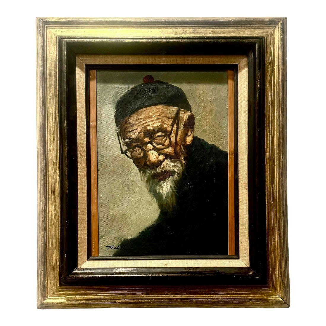 Tang Ping's Old Gentlman Original Oil Painting: Tang Ping "˜old gentleman' original oil painting in black and gold wooden frame. Very beautiful details. Artist signed on the bottom left corner of the painting. Condition: Alterations: Original