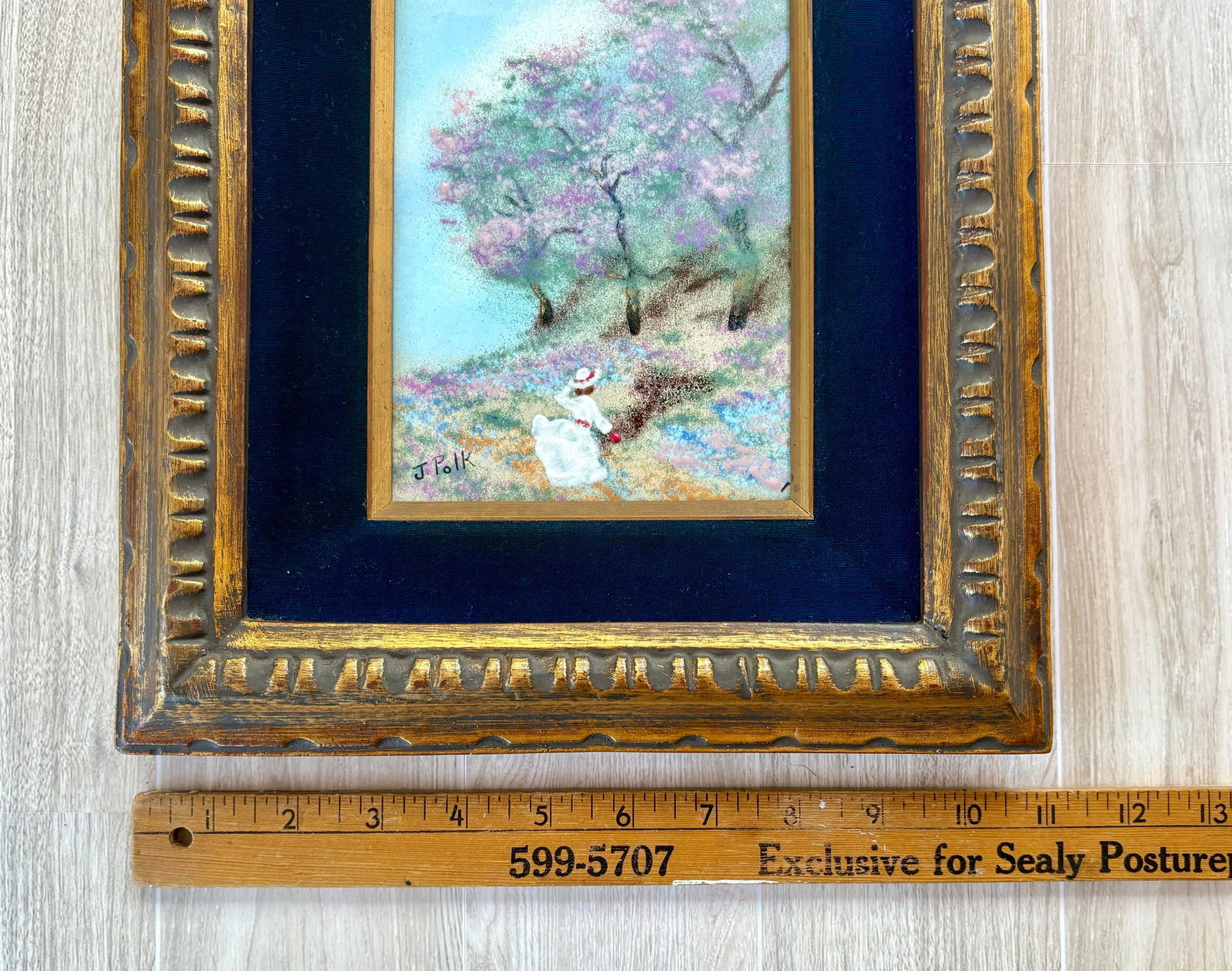 Art by J Polk Framed Enamel on Copper Impressionist Style Landscape Forest Trees Girl - 10