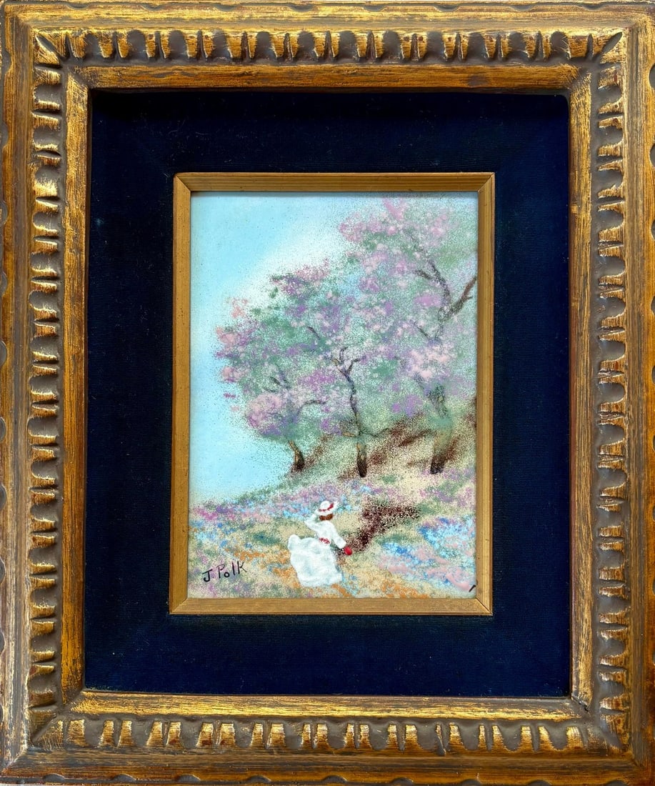 Art by J Polk Framed Enamel on Copper Impressionist Style Landscape Forest Trees Girl: Beautiful Original Wall Art by J Polk. Made in Enamel On Copper, this piece features a Girl walking towards a Beautiful Forest with purple/pink Trees. WIth a blue Velvet Matting and beautiful ornate g