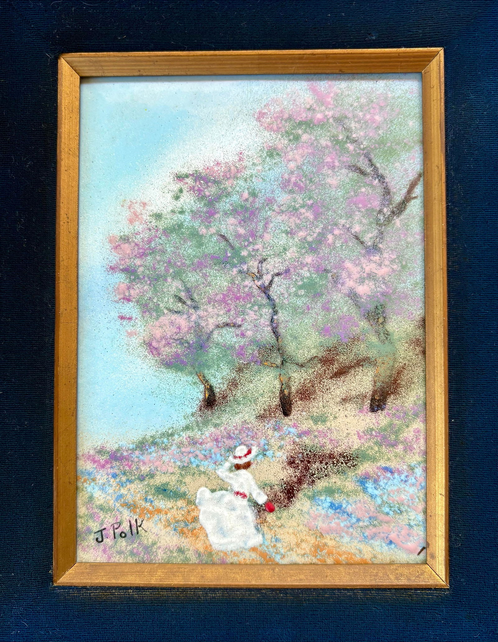 Art by J Polk Framed Enamel on Copper Impressionist Style Landscape Forest Trees Girl - 3