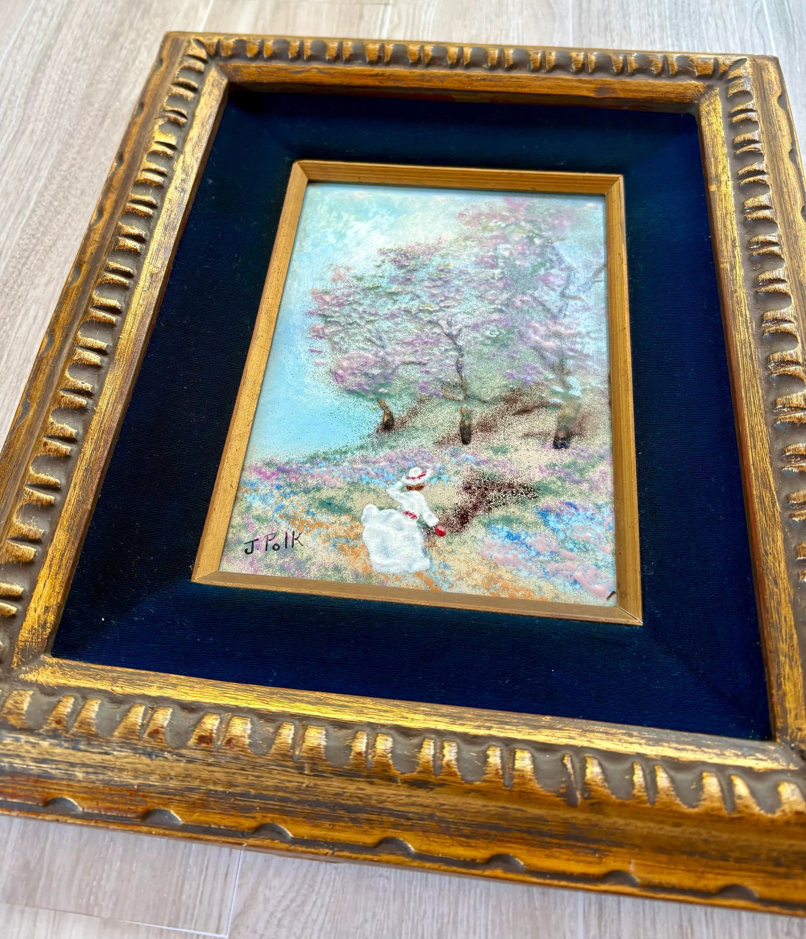 Art by J Polk Framed Enamel on Copper Impressionist Style Landscape Forest Trees Girl - 6