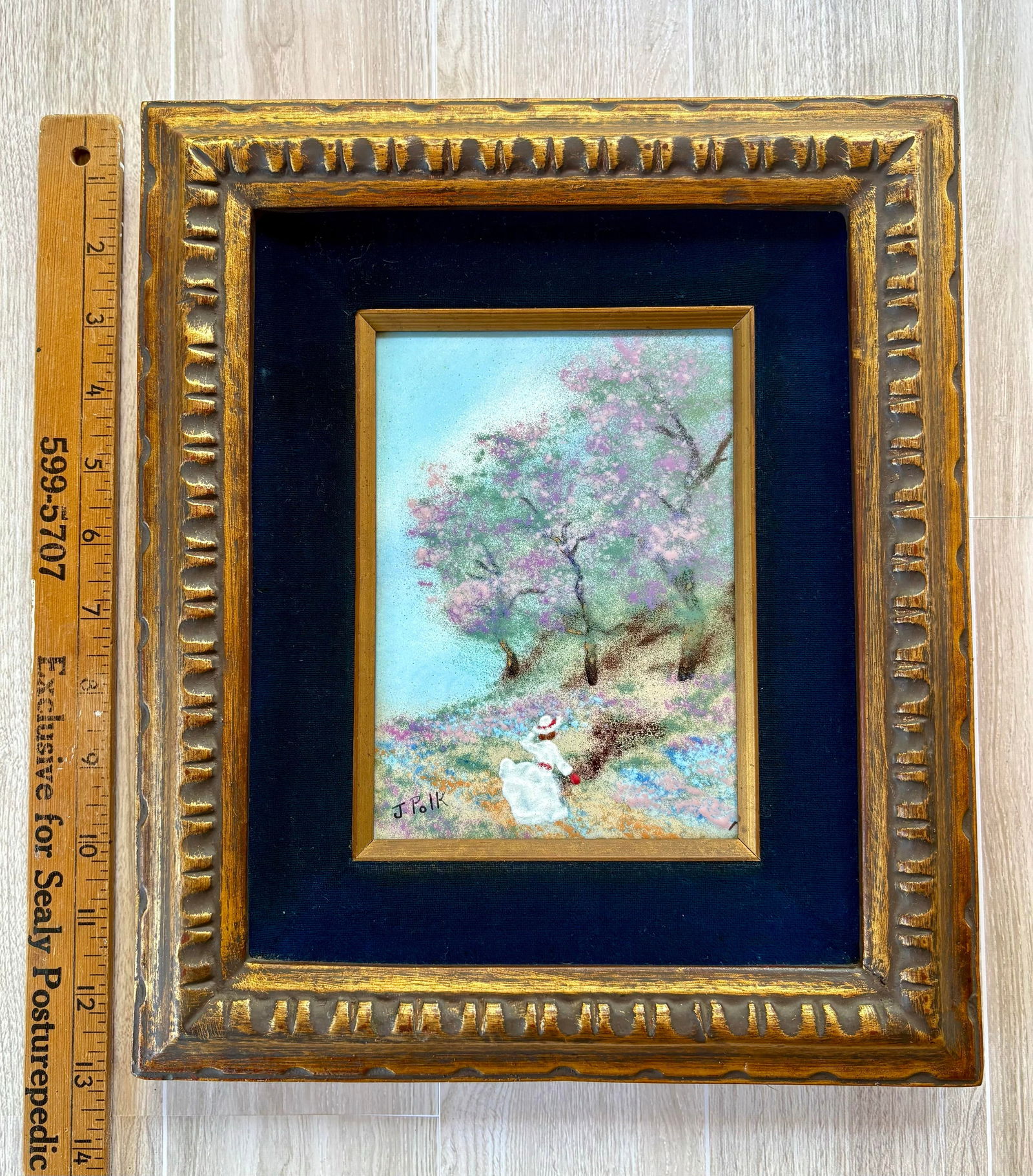 Art by J Polk Framed Enamel on Copper Impressionist Style Landscape Forest Trees Girl - 7