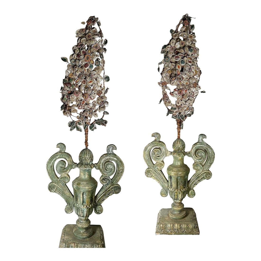 Mid 19th Century Italian Carved Wood Urns With Handles and Faceted Cut Crystal Flowers - Pair: pair of carved wooden urns with handles and faceted cut crystal flowers from Italy. Each carved wooden urn features gracefully turned handles and a rich patina, serving as an elegant base for a bouque