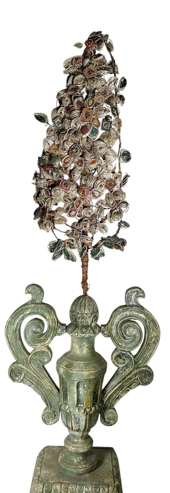 Mid 19th Century Italian Carved Wood Urns With Handles and Faceted Cut Crystal Flowers - Pair - 2