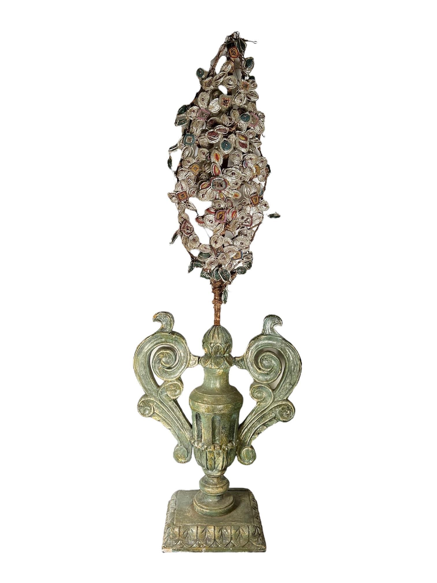 Mid 19th Century Italian Carved Wood Urns With Handles and Faceted Cut Crystal Flowers - Pair - 3