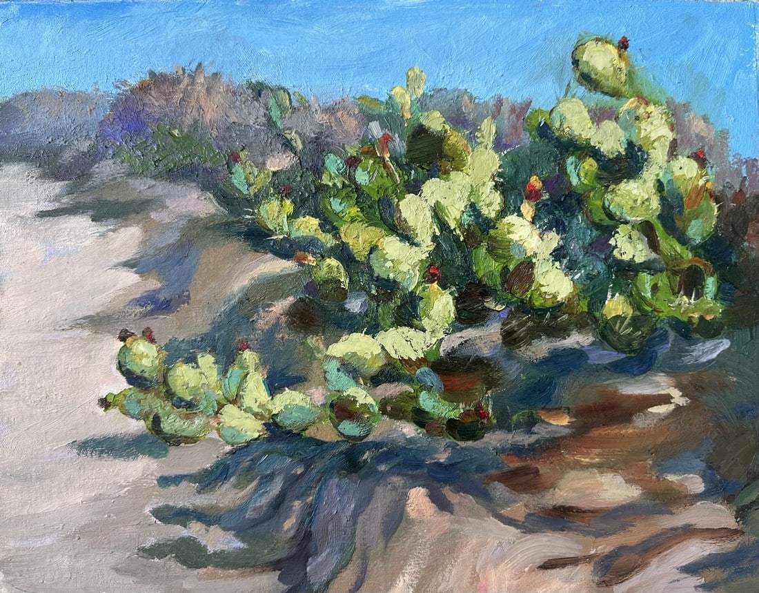 Original Fine Art Oil Painting by Grace Diehl: Along hiking trails in southern California it is very common to see cacti along the side. What attracted me to this clump of prickly pear were the shadows cast from the sun. Condition: Imperfections: