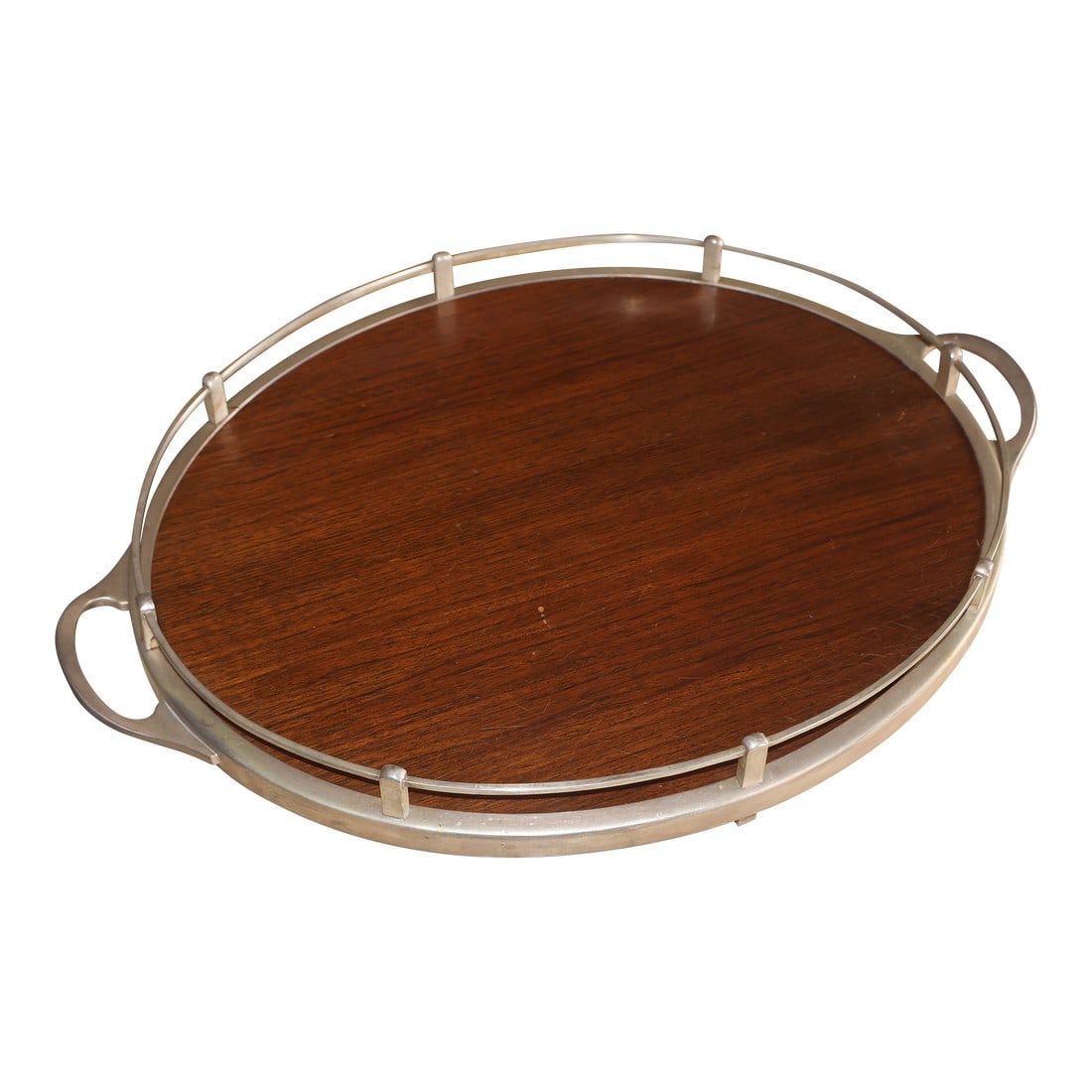 Vintage Walnut and Metal Bar Tray: A vintage tray, perfect for a bar or vanity. Made of walnut with silver plated metal accents. In good condition. Condition: Alterations: Original Condition Unaltered Imperfections: Some Imperfections