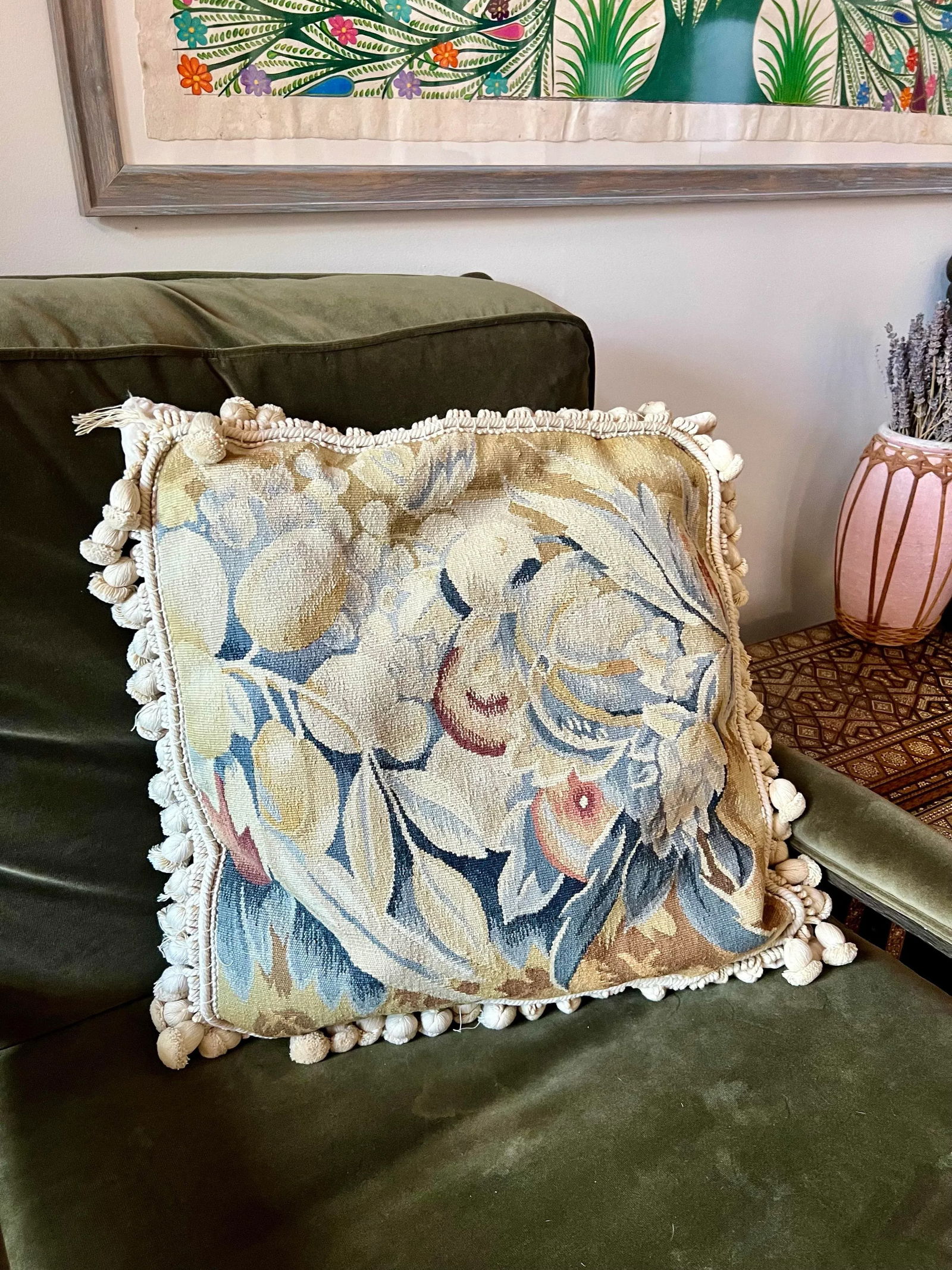 Early 20th Century Aubusson Tapestry Pillow With Cord and Pom Pom Trim - 7