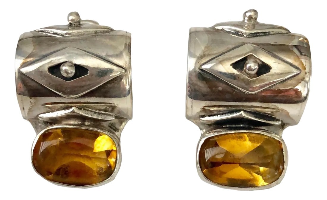 1990s Vintage DAC Sterling & Citrine Designer Earrings: A fine made pair of handmade artisan earrings by Deborah Armstrong. The earrings are sterling silver with bezel set citrine. They have Omega pierced post clip backs and are marked DAC 1999. Condition